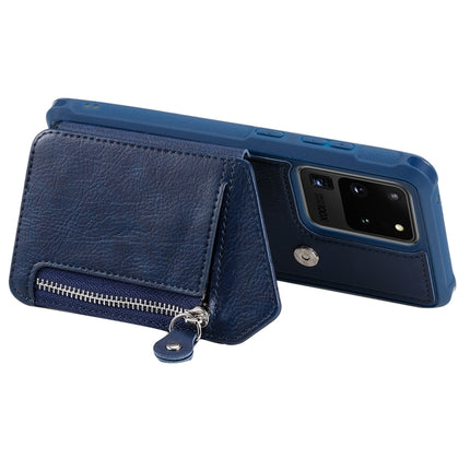 For Galaxy S20 Ultra Zipper Double Buckle Shockproof Protective Case with Stand & Photo Holder & Wallet Function(Blue)-garmade.com