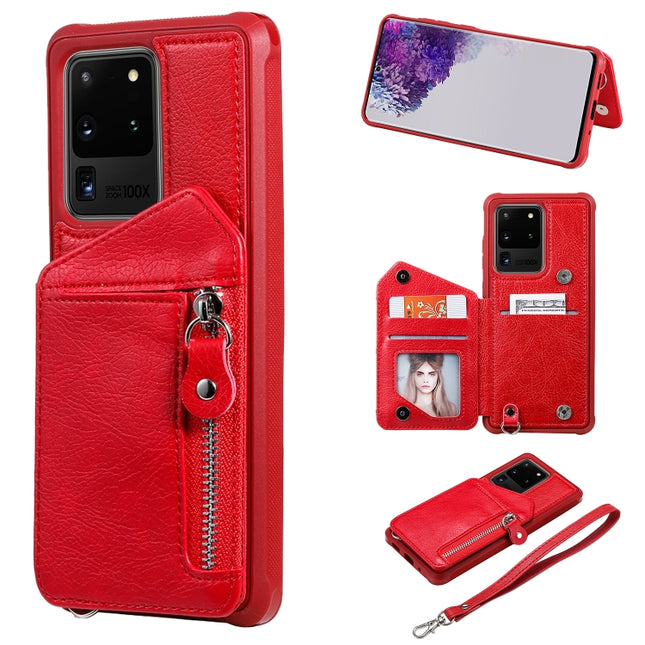 For Galaxy S20 Ultra Zipper Double Buckle Shockproof Protective Case with Stand & Photo Holder & Wallet Function(Red)-garmade.com
