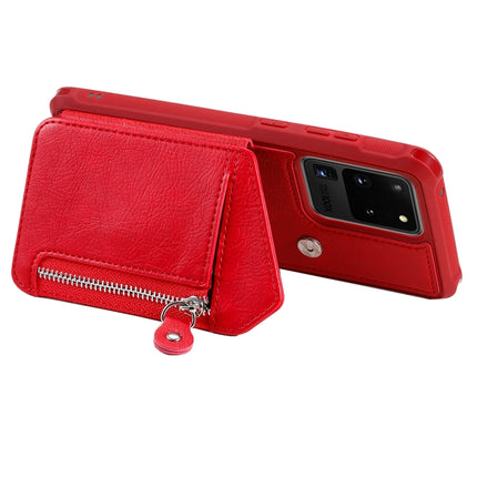 For Galaxy S20 Ultra Zipper Double Buckle Shockproof Protective Case with Stand & Photo Holder & Wallet Function(Red)-garmade.com