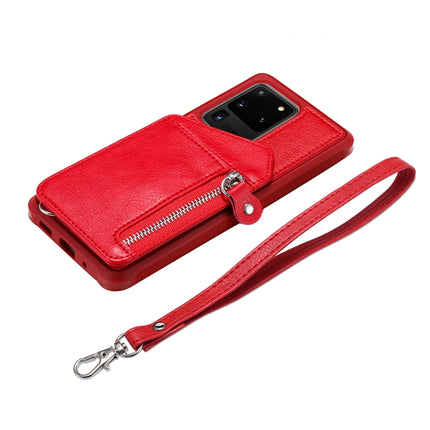 For Galaxy S20 Ultra Zipper Double Buckle Shockproof Protective Case with Stand & Photo Holder & Wallet Function(Red)-garmade.com