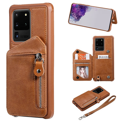 For Galaxy S20 Ultra Zipper Double Buckle Shockproof Protective Case with Stand & Photo Holder & Wallet Function(Coffee)-garmade.com