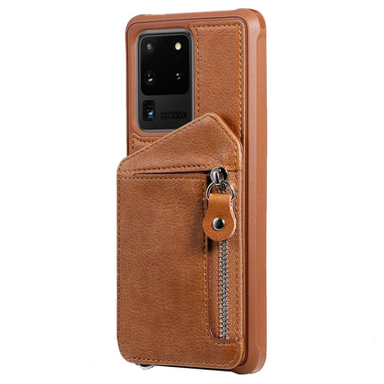 For Galaxy S20 Ultra Zipper Double Buckle Shockproof Protective Case with Stand & Photo Holder & Wallet Function(Coffee)-garmade.com