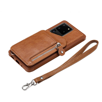 For Galaxy S20 Ultra Zipper Double Buckle Shockproof Protective Case with Stand & Photo Holder & Wallet Function(Coffee)-garmade.com