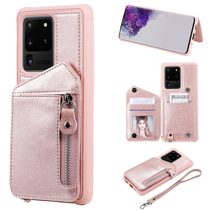 For Galaxy S20 Ultra Zipper Double Buckle Shockproof Protective Case with Stand & Photo Holder & Wallet Function(Rose Gold)-garmade.com