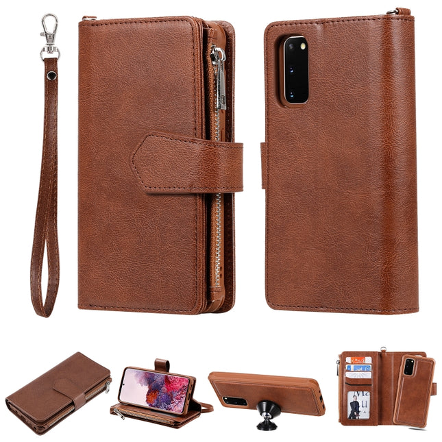 For Galaxy S20 2 in 1 Solid Color Zipper Shockproof Protective Case with Card Slots & Bracket & Photo Holder & Wallet Function(Brown)-garmade.com