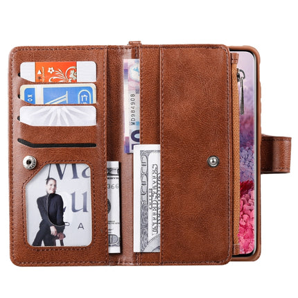 For Galaxy S20 2 in 1 Solid Color Zipper Shockproof Protective Case with Card Slots & Bracket & Photo Holder & Wallet Function(Brown)-garmade.com