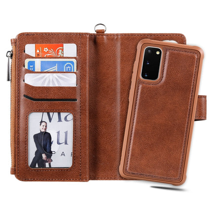 For Galaxy S20 2 in 1 Solid Color Zipper Shockproof Protective Case with Card Slots & Bracket & Photo Holder & Wallet Function(Brown)-garmade.com
