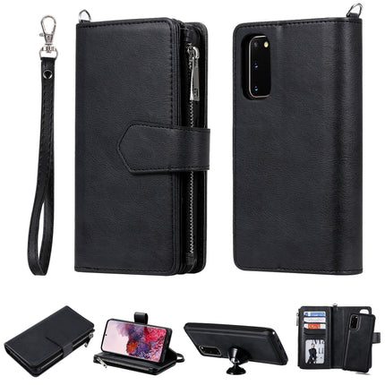 For Galaxy S20 2 in 1 Solid Color Zipper Shockproof Protective Case with Card Slots & Bracket & Photo Holder & Wallet Function(Black)-garmade.com