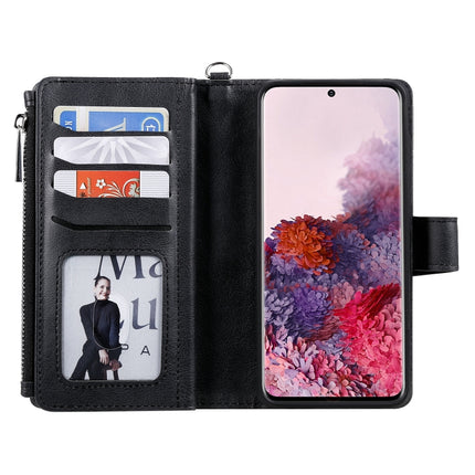 For Galaxy S20 2 in 1 Solid Color Zipper Shockproof Protective Case with Card Slots & Bracket & Photo Holder & Wallet Function(Black)-garmade.com