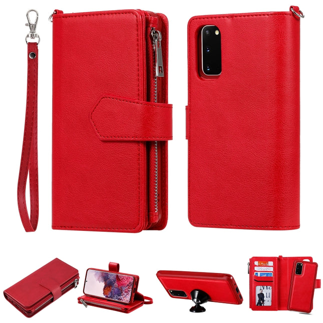 For Galaxy S20 2 in 1 Solid Color Zipper Shockproof Protective Case with Card Slots & Bracket & Photo Holder & Wallet Function(Red)-garmade.com