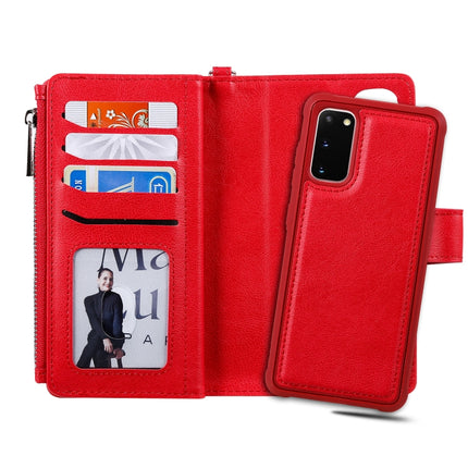 For Galaxy S20 2 in 1 Solid Color Zipper Shockproof Protective Case with Card Slots & Bracket & Photo Holder & Wallet Function(Red)-garmade.com