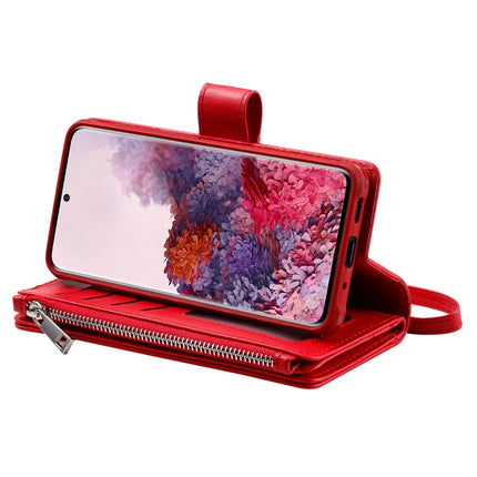 For Galaxy S20 2 in 1 Solid Color Zipper Shockproof Protective Case with Card Slots & Bracket & Photo Holder & Wallet Function(Red)-garmade.com