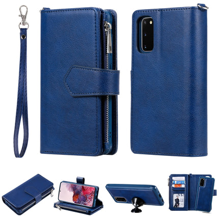 For Galaxy S20 2 in 1 Solid Color Zipper Shockproof Protective Case with Card Slots & Bracket & Photo Holder & Wallet Function(Blue)-garmade.com