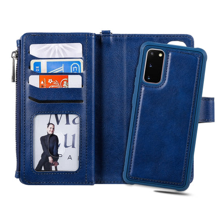 For Galaxy S20 2 in 1 Solid Color Zipper Shockproof Protective Case with Card Slots & Bracket & Photo Holder & Wallet Function(Blue)-garmade.com