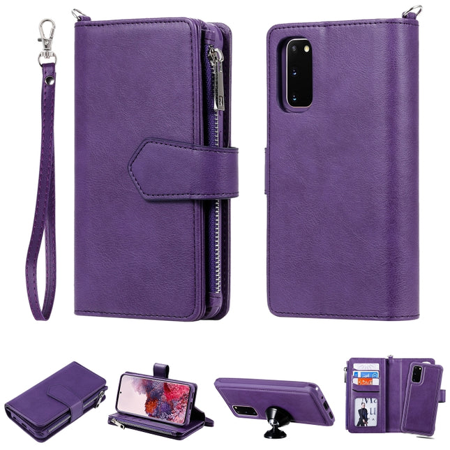 For Galaxy S20 2 in 1 Solid Color Zipper Shockproof Protective Case with Card Slots & Bracket & Photo Holder & Wallet Function(Purple)-garmade.com