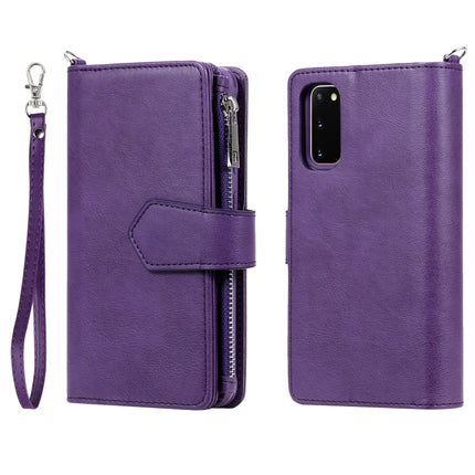 For Galaxy S20 2 in 1 Solid Color Zipper Shockproof Protective Case with Card Slots & Bracket & Photo Holder & Wallet Function(Purple)-garmade.com