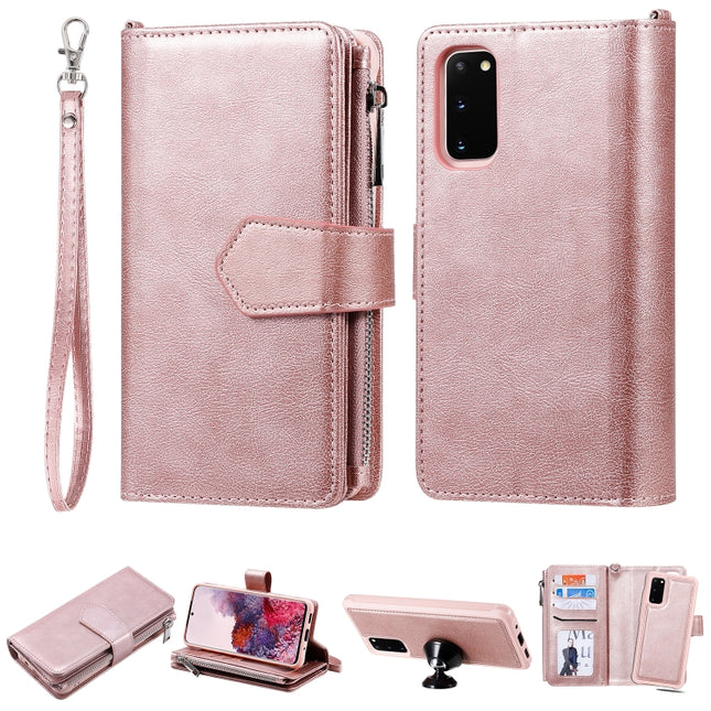 For Galaxy S20 2 in 1 Solid Color Zipper Shockproof Protective Case with Card Slots & Bracket & Photo Holder & Wallet Function(Rose Gold)-garmade.com