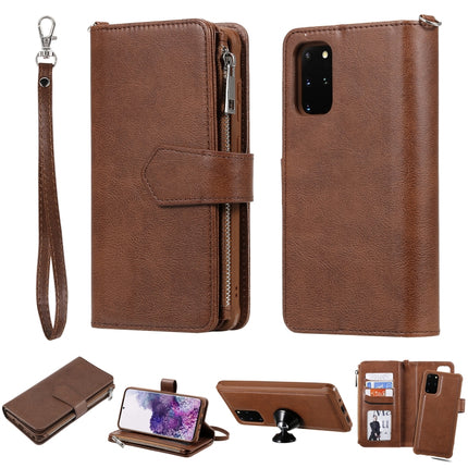 For Galaxy S20+ 2 in 1 Solid Color Zipper Shockproof Protective Case with Card Slots & Bracket & Photo Holder & Wallet Function(Brown)-garmade.com