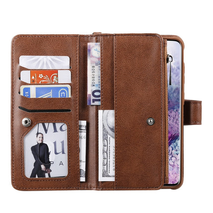 For Galaxy S20+ 2 in 1 Solid Color Zipper Shockproof Protective Case with Card Slots & Bracket & Photo Holder & Wallet Function(Brown)-garmade.com