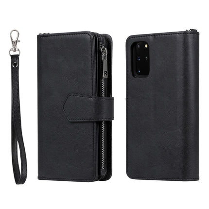 For Galaxy S20+ 2 in 1 Solid Color Zipper Shockproof Protective Case with Card Slots & Bracket & Photo Holder & Wallet Function(Black)-garmade.com