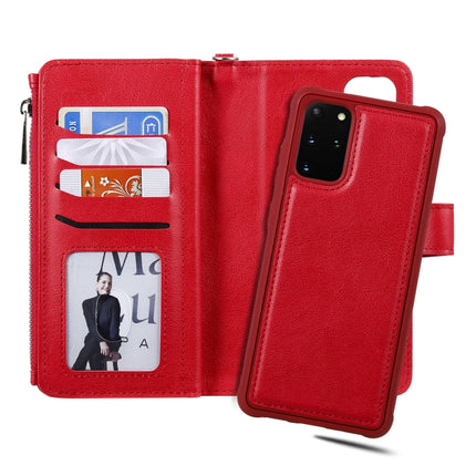 For Galaxy S20+ 2 in 1 Solid Color Zipper Shockproof Protective Case with Card Slots & Bracket & Photo Holder & Wallet Function(Red)-garmade.com