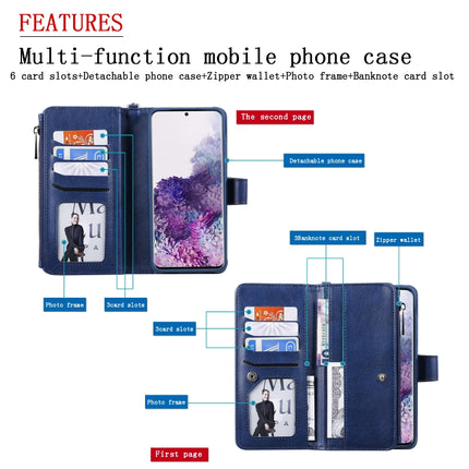 For Galaxy S20+ 2 in 1 Solid Color Zipper Shockproof Protective Case with Card Slots & Bracket & Photo Holder & Wallet Function(Blue)-garmade.com