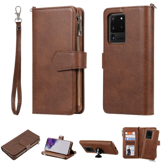 For Galaxy S20 Ultra 2 in 1 Solid Color Zipper Shockproof Protective Case with Card Slots & Bracket & Photo Holder & Wallet Function(Brown)-garmade.com