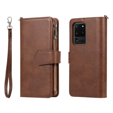 For Galaxy S20 Ultra 2 in 1 Solid Color Zipper Shockproof Protective Case with Card Slots & Bracket & Photo Holder & Wallet Function(Brown)-garmade.com