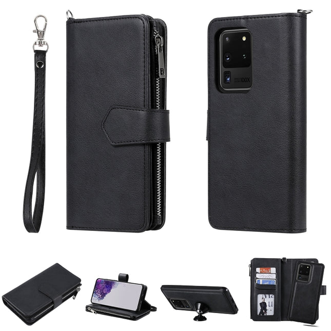 For Galaxy S20 Ultra 2 in 1 Solid Color Zipper Shockproof Protective Case with Card Slots & Bracket & Photo Holder & Wallet Function(Black)-garmade.com