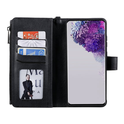 For Galaxy S20 Ultra 2 in 1 Solid Color Zipper Shockproof Protective Case with Card Slots & Bracket & Photo Holder & Wallet Function(Black)-garmade.com
