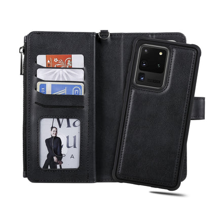 For Galaxy S20 Ultra 2 in 1 Solid Color Zipper Shockproof Protective Case with Card Slots & Bracket & Photo Holder & Wallet Function(Black)-garmade.com