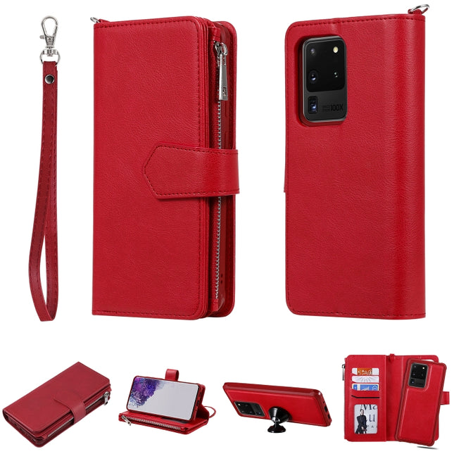 For Galaxy S20 Ultra 2 in 1 Solid Color Zipper Shockproof Protective Case with Card Slots & Bracket & Photo Holder & Wallet Function(Red)-garmade.com