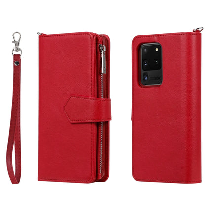 For Galaxy S20 Ultra 2 in 1 Solid Color Zipper Shockproof Protective Case with Card Slots & Bracket & Photo Holder & Wallet Function(Red)-garmade.com