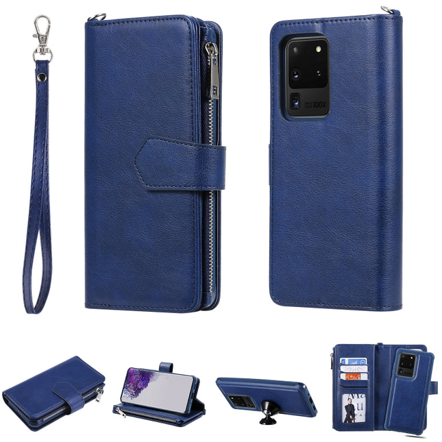 For Galaxy S20 Ultra 2 in 1 Solid Color Zipper Shockproof Protective Case with Card Slots & Bracket & Photo Holder & Wallet Function(Blue)-garmade.com