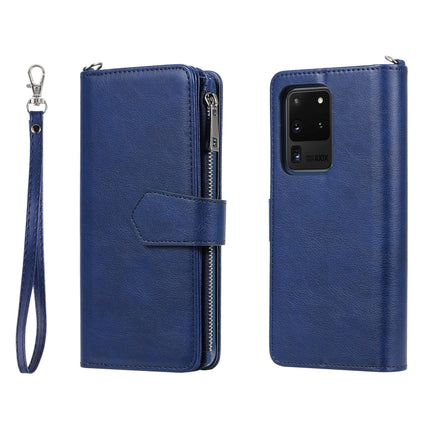 For Galaxy S20 Ultra 2 in 1 Solid Color Zipper Shockproof Protective Case with Card Slots & Bracket & Photo Holder & Wallet Function(Blue)-garmade.com