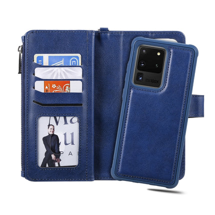 For Galaxy S20 Ultra 2 in 1 Solid Color Zipper Shockproof Protective Case with Card Slots & Bracket & Photo Holder & Wallet Function(Blue)-garmade.com