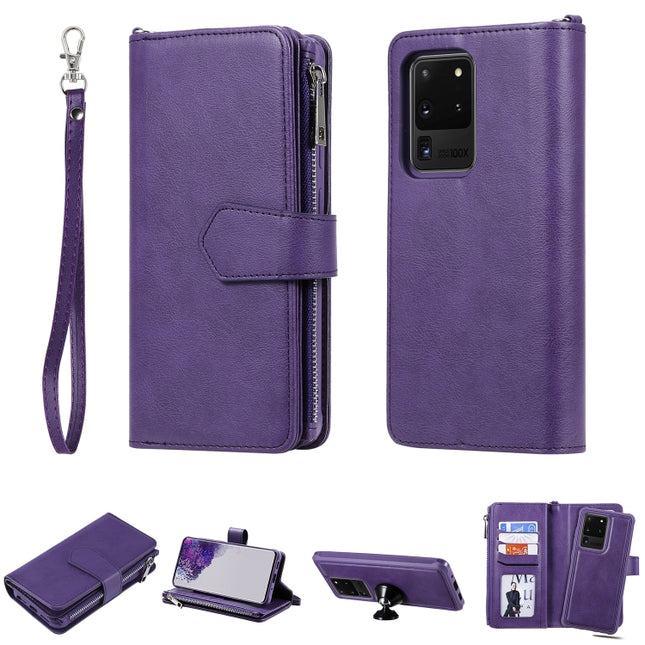 For Galaxy S20 Ultra 2 in 1 Solid Color Zipper Shockproof Protective Case with Card Slots & Bracket & Photo Holder & Wallet Function(Purple)-garmade.com