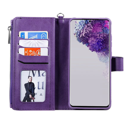 For Galaxy S20 Ultra 2 in 1 Solid Color Zipper Shockproof Protective Case with Card Slots & Bracket & Photo Holder & Wallet Function(Purple)-garmade.com