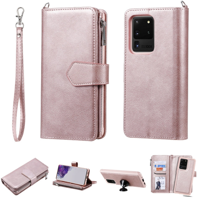 For Galaxy S20 Ultra 2 in 1 Solid Color Zipper Shockproof Protective Case with Card Slots & Bracket & Photo Holder & Wallet Function(Rose Gold)-garmade.com