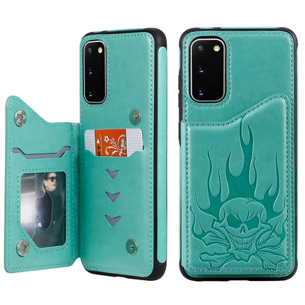 For Galaxy S20 Skull Embossing Pattern Shockproof Protective Case with Card Slots & Photo Frame(Green)-garmade.com