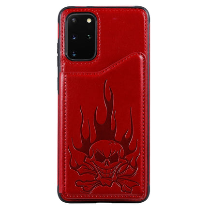 For Galaxy S20 Plus Skull Embossing Pattern Shockproof Protective Case with Card Slots & Photo Frame(Red)-garmade.com