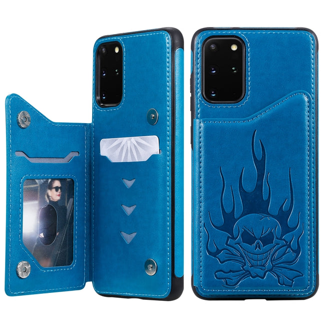 For Galaxy S20 Plus Skull Embossing Pattern Shockproof Protective Case with Card Slots & Photo Frame(Blue)-garmade.com