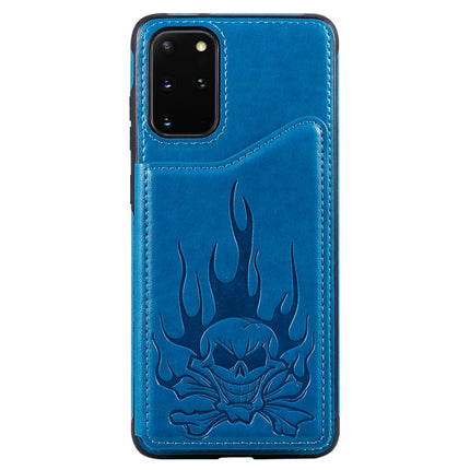 For Galaxy S20 Plus Skull Embossing Pattern Shockproof Protective Case with Card Slots & Photo Frame(Blue)-garmade.com