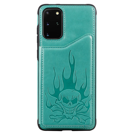 For Galaxy S20 Plus Skull Embossing Pattern Shockproof Protective Case with Card Slots & Photo Frame(Green)-garmade.com