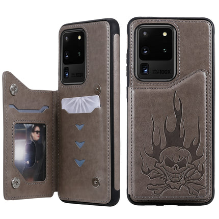 For Galaxy S20 Ultra Skull Embossing Pattern Shockproof Protective Case with Card Slots & Photo Frame(Grey)-garmade.com