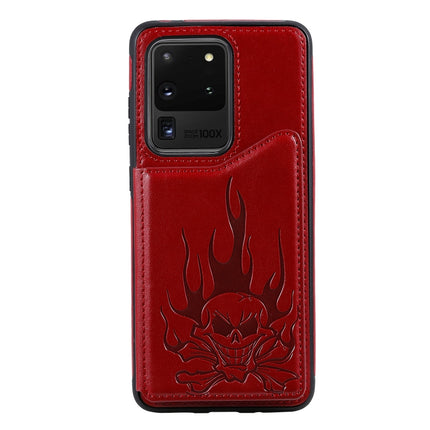 For Galaxy S20 Ultra Skull Embossing Pattern Shockproof Protective Case with Card Slots & Photo Frame(Red)-garmade.com