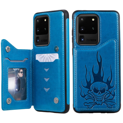 For Galaxy S20 Ultra Skull Embossing Pattern Shockproof Protective Case with Card Slots & Photo Frame(Blue)-garmade.com