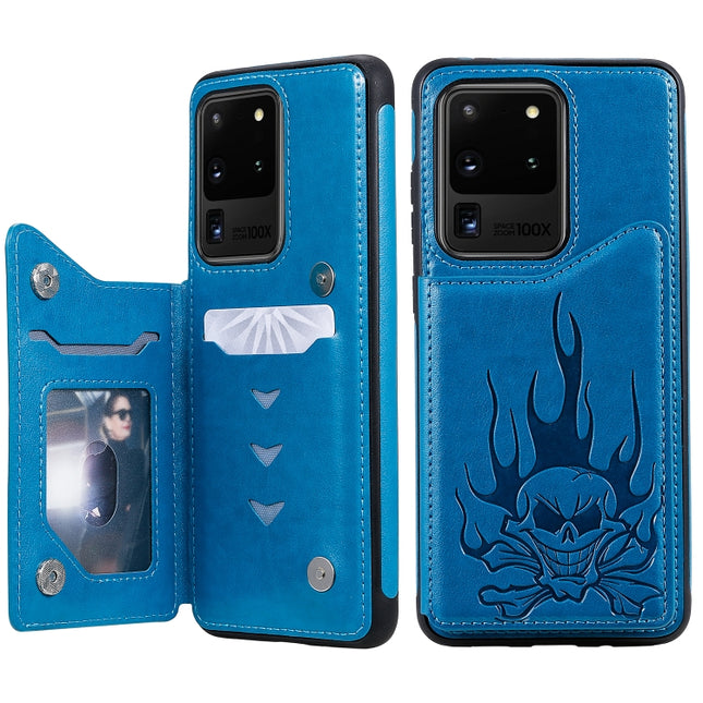For Galaxy S20 Ultra Skull Embossing Pattern Shockproof Protective Case with Card Slots & Photo Frame(Blue)-garmade.com