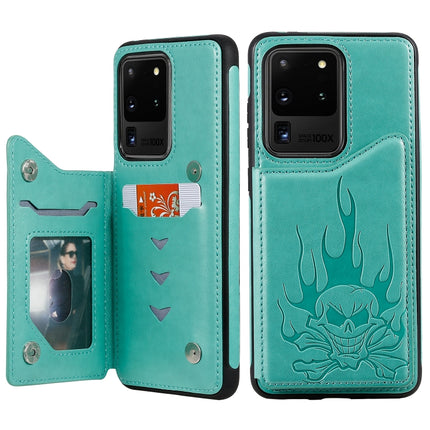For Galaxy S20 Ultra Skull Embossing Pattern Shockproof Protective Case with Card Slots & Photo Frame(Green)-garmade.com