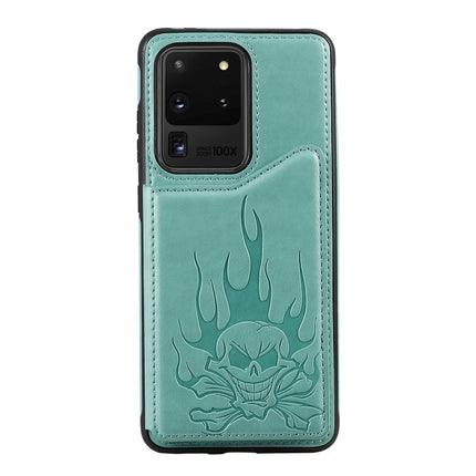 For Galaxy S20 Ultra Skull Embossing Pattern Shockproof Protective Case with Card Slots & Photo Frame(Green)-garmade.com